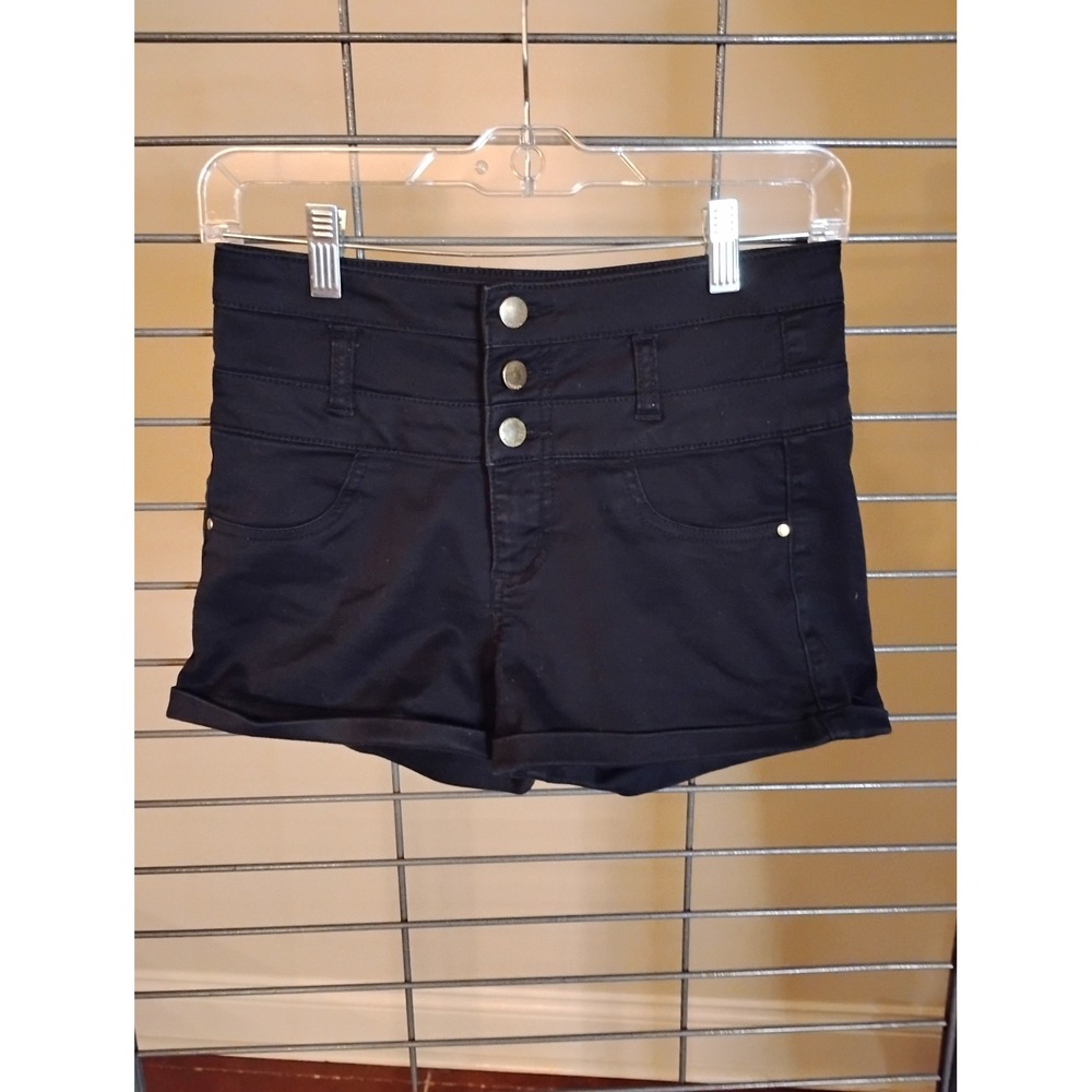 Refuge Womens High Waisted Black Denim Three Button Fly Cuffed Shorts Size 2